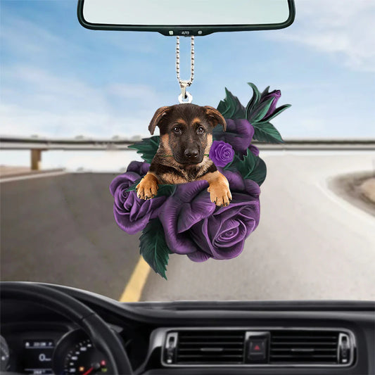 German Shepherd In Purple Rose Car Hanging Ornament, Hanging Mirror Car Ornament - Best gifts your whole family