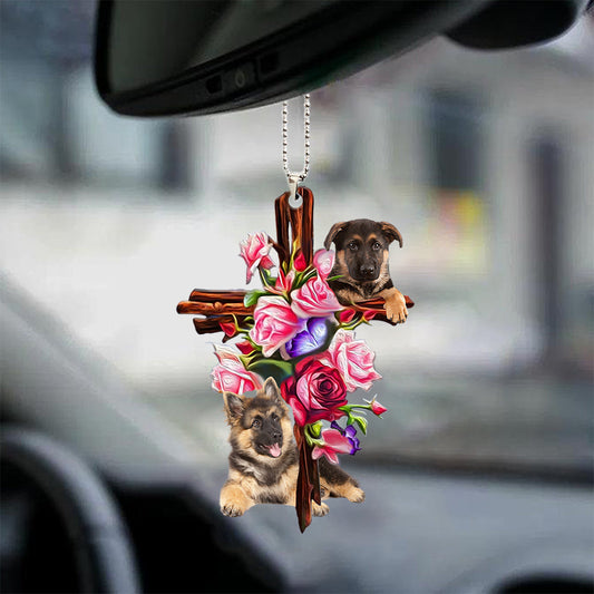 German Shepherd Roses And Jesus Car Hanging Ornament Dog Ornaments For Auto Car Godmerc - Best gifts your whole family
