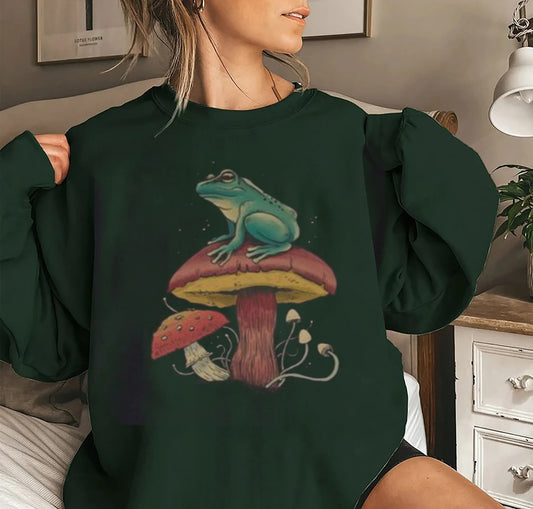 Frog Mushroom Sweatshirt, Frog with Mushroom Hat Sweatshirt, Cottagecore Aesthetic Sweatshirt,, Mushroom Frog Shirt, Cute Frog Sweatshirt
