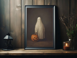 Ghost And Pumpkin Halloween Poster, Sheeted Ghost Art Print, Cute Little Ghost Face Spooky Gothic Printable, Abandoned Art, Dark Academia - Best gifts your whole family