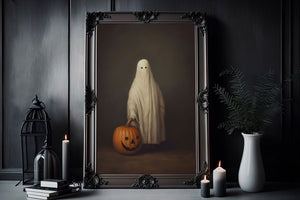 Ghost And Pumpkin Halloween Poster, Sheeted Ghost Art Print, Cute Little Ghost Face Spooky Gothic Printable, Abandoned Art, Dark Academia - Best gifts your whole family