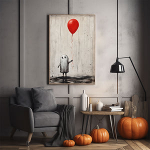 Ghost Boy Holding A Red Balloon Poster Print,Cute Ghost Print, Boo Ghost Poster, Halloween Boo Ghost Art Print, Dark Academia, Halloween Decor - Usoppsniper