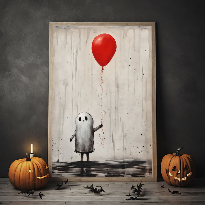 Ghost Boy Holding A Red Balloon Poster Print,Cute Ghost Print, Boo Ghost Poster, Halloween Boo Ghost Art Print, Dark Academia, Halloween Decor - Usoppsniper