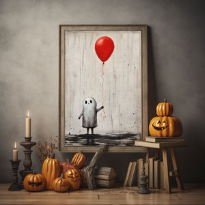 Ghost Boy Holding A Red Balloon Poster Print,Cute Ghost Print, Boo Ghost Poster, Halloween Boo Ghost Art Print, Dark Academia, Halloween Decor - Usoppsniper