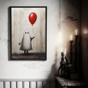 Ghost Girl Holding A Red Balloon Poster Print,Cute Ghost Print, Boo Ghost Poster, Halloween Boo Ghost Art Print, Dark Academia, Halloween Decor - Usoppsniper