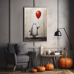 Ghost Girl Holding A Red Balloon Poster Print,Cute Ghost Print, Boo Ghost Poster, Halloween Boo Ghost Art Print, Dark Academia, Halloween Decor - Usoppsniper