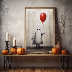 Ghost Girl Holding A Red Balloon Poster Print,Cute Ghost Print, Boo Ghost Poster, Halloween Boo Ghost Art Print, Dark Academia, Halloween Decor - Usoppsniper