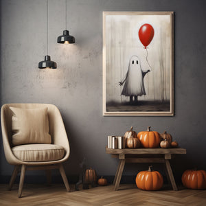 Ghost Girl Holding A Red Balloon Poster Print,Cute Ghost Print, Boo Ghost Poster, Halloween Boo Ghost Art Print, Dark Academia, Halloween Decor - Usoppsniper