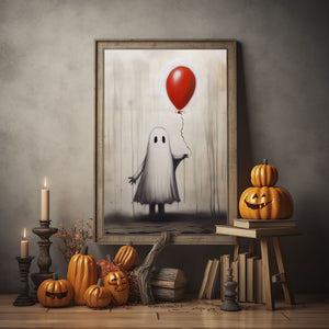 Ghost Girl Holding A Red Balloon Poster Print,Cute Ghost Print, Boo Ghost Poster, Halloween Boo Ghost Art Print, Dark Academia, Halloween Decor - Usoppsniper