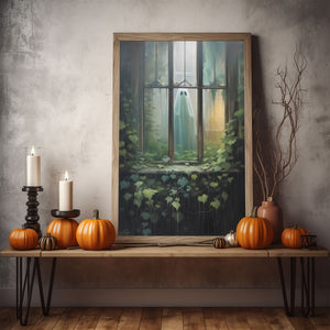 Ghost Outside Looking Through Window Poster Print, Boo Ghost Poster, Halloween Boo Ghost Art Print, Dark Academia, Halloween Decor - Usoppsniper