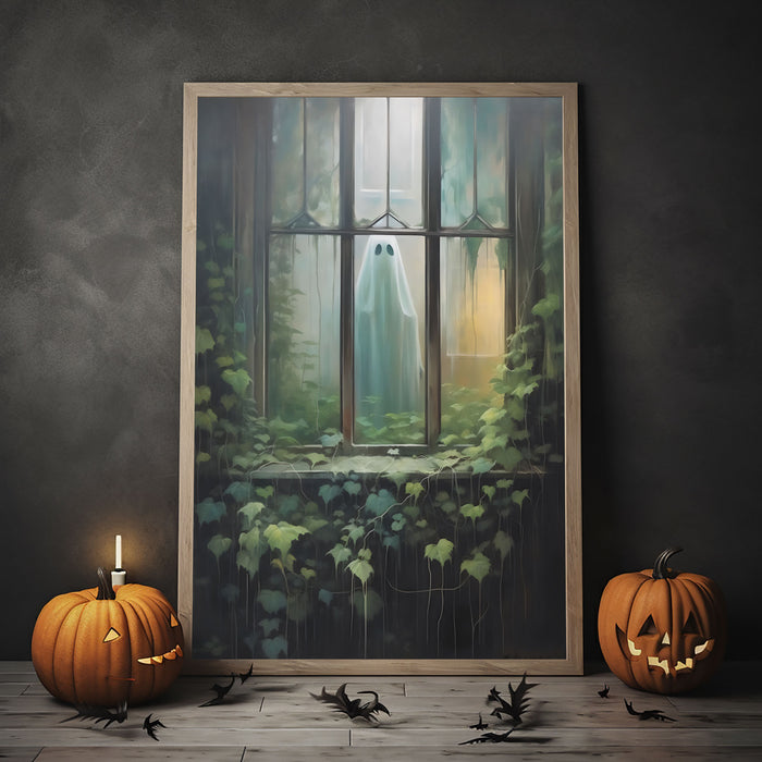 Ghost Outside Looking Through Window Poster Print, Boo Ghost Poster, Halloween Boo Ghost Art Print, Dark Academia, Halloween Decor - Usoppsniper