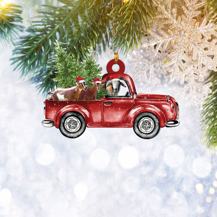 Goat Christmas Red Truck Flat 2D Ornament, Farm Animal Lover Gifts, Christmas Tree Ornament, Home Decor Plastic Ornament - Best gifts your whole family