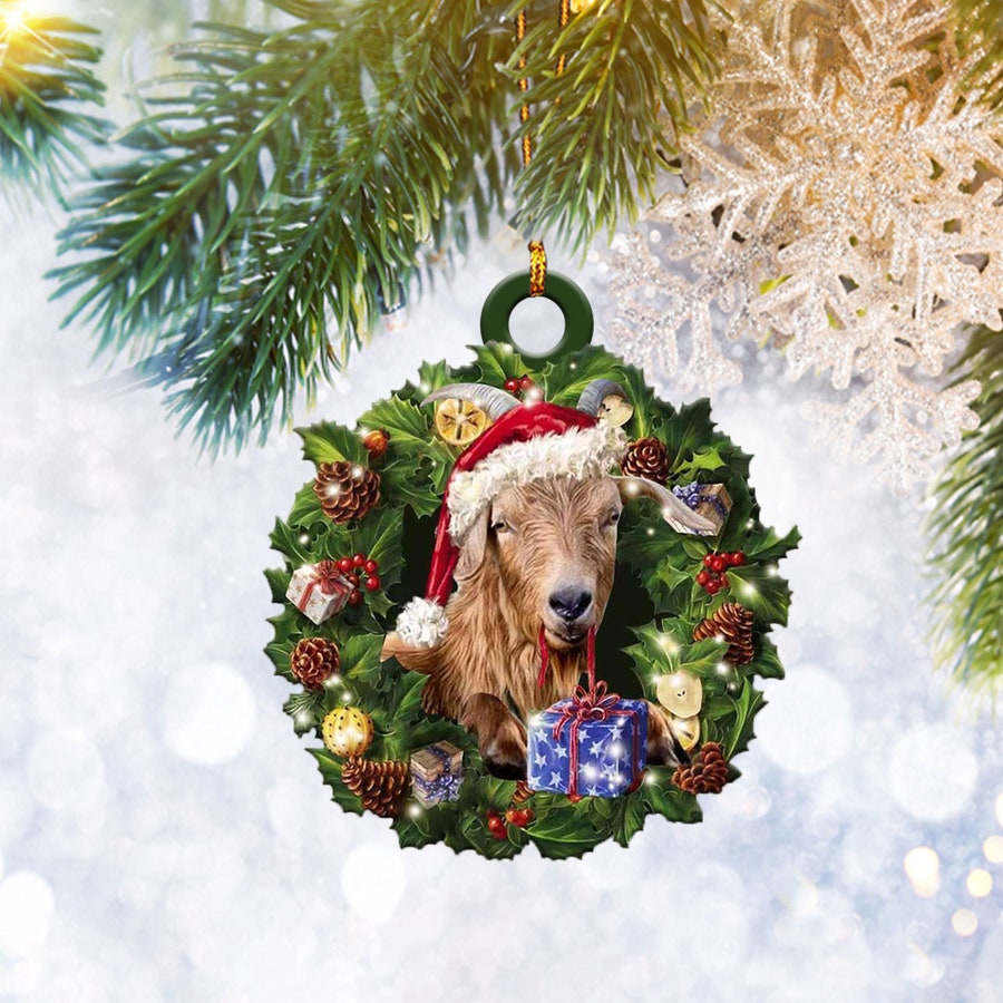 Goat Christmas Wreath Flat 2D Ornament, Farm Animal Lover Gifts, Christmas Tree Ornament, Home Decor Plastic Ornament - Best gifts your whole family