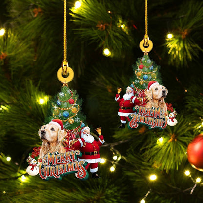 Golden Retriever Christmas With Santa And Pine Tree Car Ornament - Best gifts your whole family