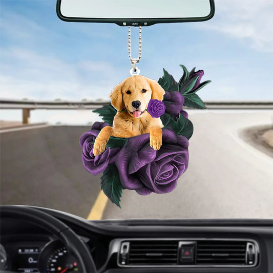 Golden Retriever In Purple Rose Car Hanging Ornament, Cool Car Hanging Ornament - Best gifts your whole family