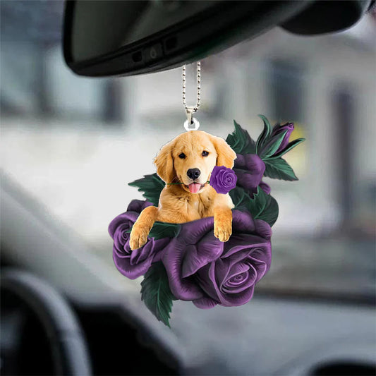 Golden Retriever In Purple Rose Car Hanging Ornament, Cool Car Hanging Ornament - Best gifts your whole family