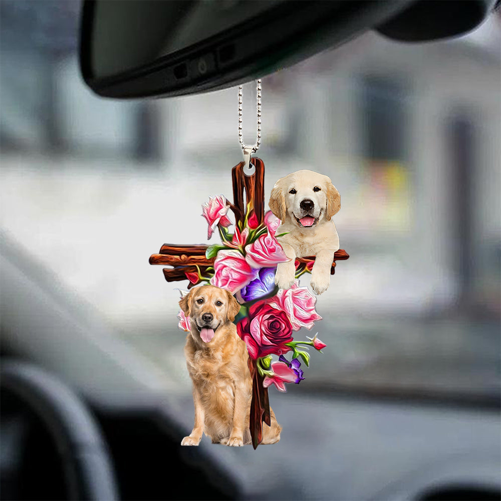 Golden Retriever Roses And Jesus Car Hanging Ornament Dog Ornaments Interior Auto Godmerc - Best gifts your whole family