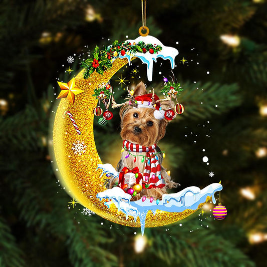 Golden Yorkshire Terrier On The Moon Merry Christmas Hanging Ornament, Car Ornament, Christmas Ornament - Best gifts your whole family