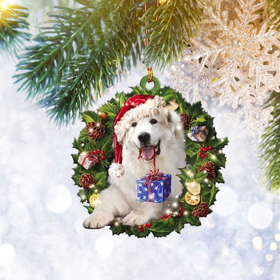 Great Pyrenees Christmas Wreath Ornament Flat 2D, Dog Lover Gifts, Christmas Tree Ornament, Home Decor Plastic Ornament - Best gifts your whole family