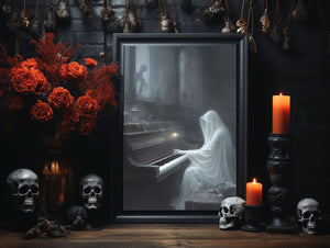 Haunted Phantom Of The Opera Piano Print, Muted Neutral Moody Halloween Printables,Ghost Posters, Ghost Art Print, Horror Poster - Best gifts your whole family