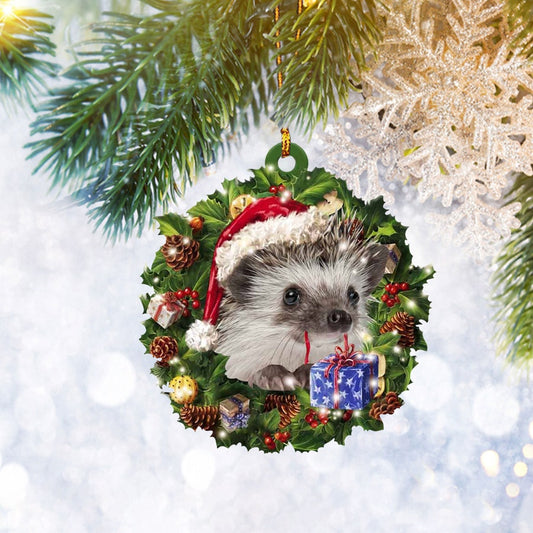 Hedgehog Christmas Wreath Flat 2D Ornament, Animal Lover Gifts, Christmas Tree Ornament, Home Decor Plastic Ornament - Best gifts your whole family