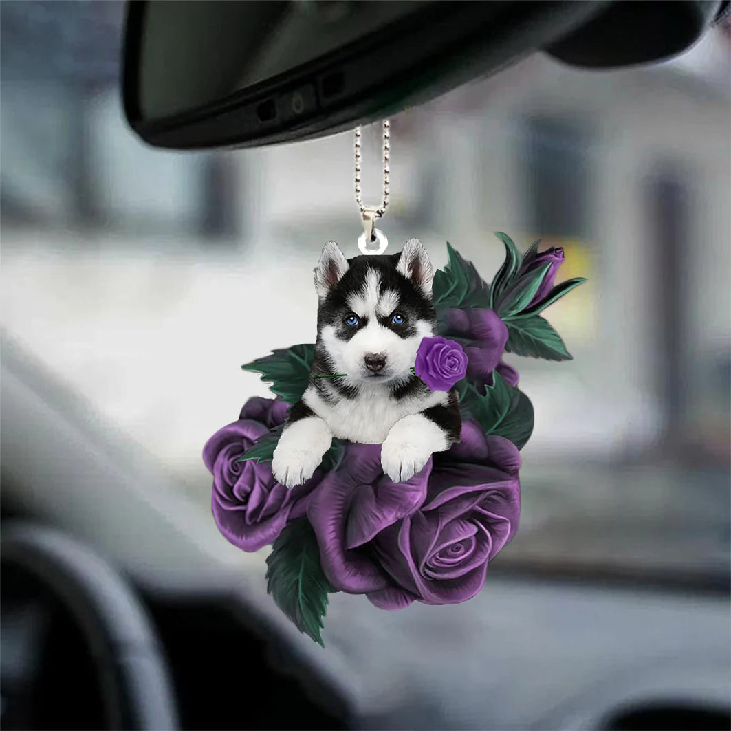 Husky In Purple Rose Car Hanging Ornament - Best gifts your whole family
