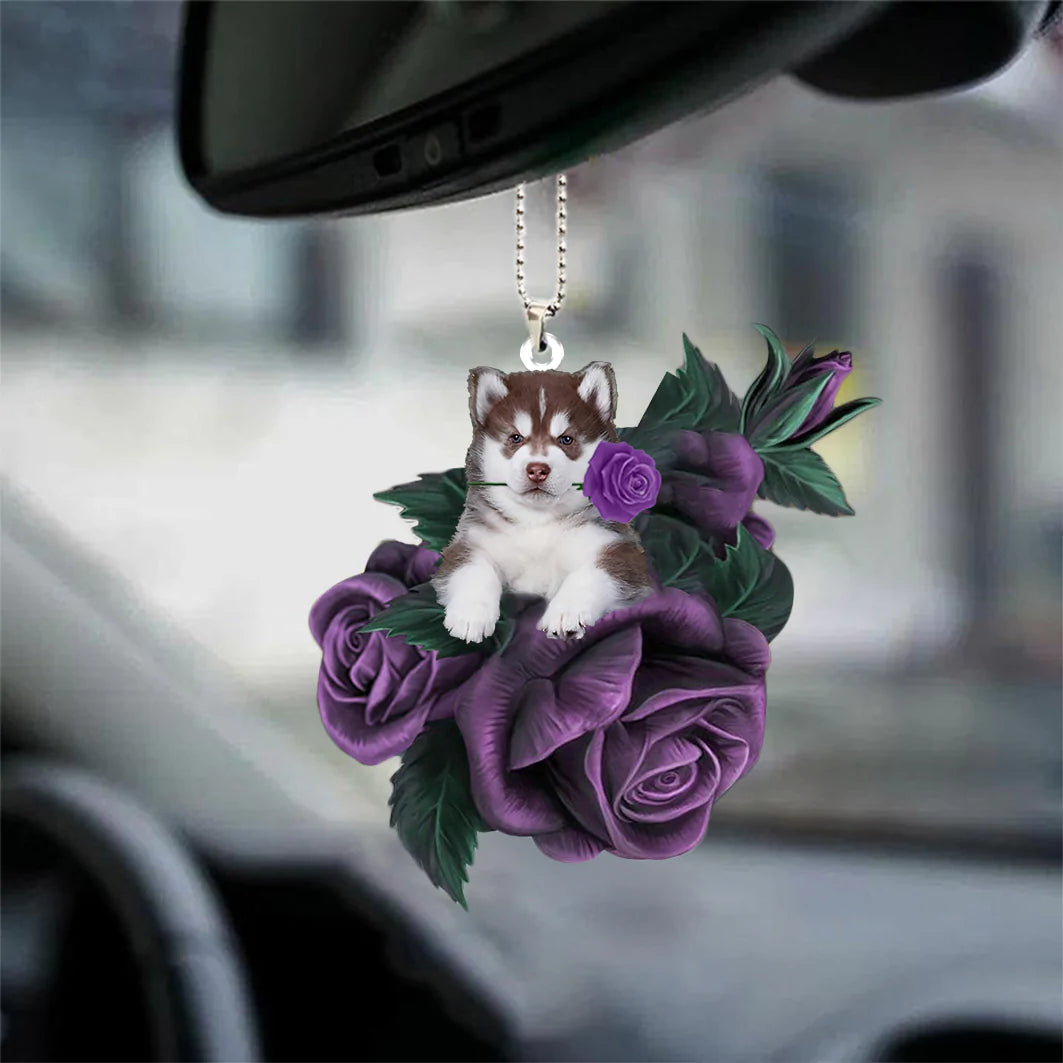 Husky In Purple Rose Car Hanging Ornament, Car Ornament Hanging With Dog - Best gifts your whole family