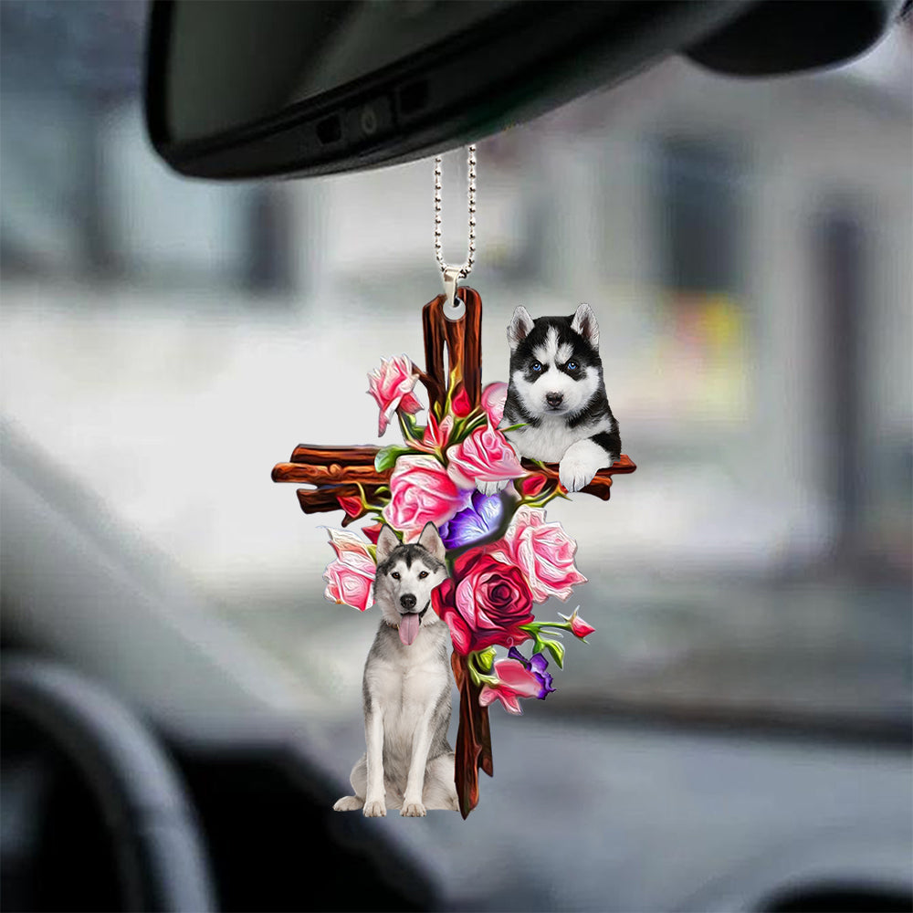 Husky Roses And Jesus Car Hanging Ornament Dog Ornaments For Auto Car Godmerc - Best gifts your whole family