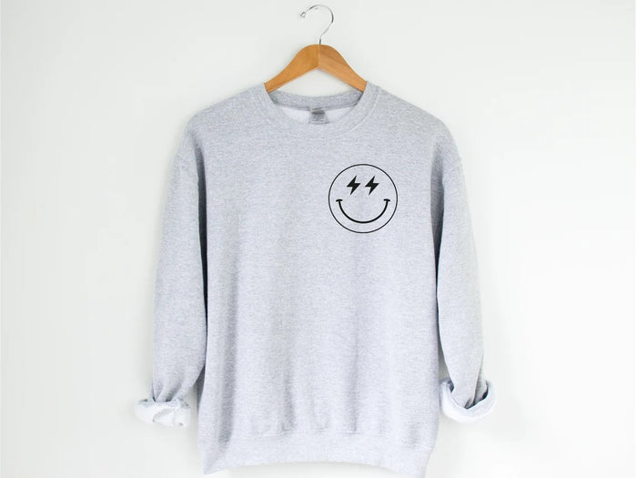 Lighting Bolt Smiley Face Aesthetic Preppy Sweatshirt  Trendy Crewneck Y2K Sweatshirt  VSCO Girl  Retro Smile Face Cute Sweatshirt