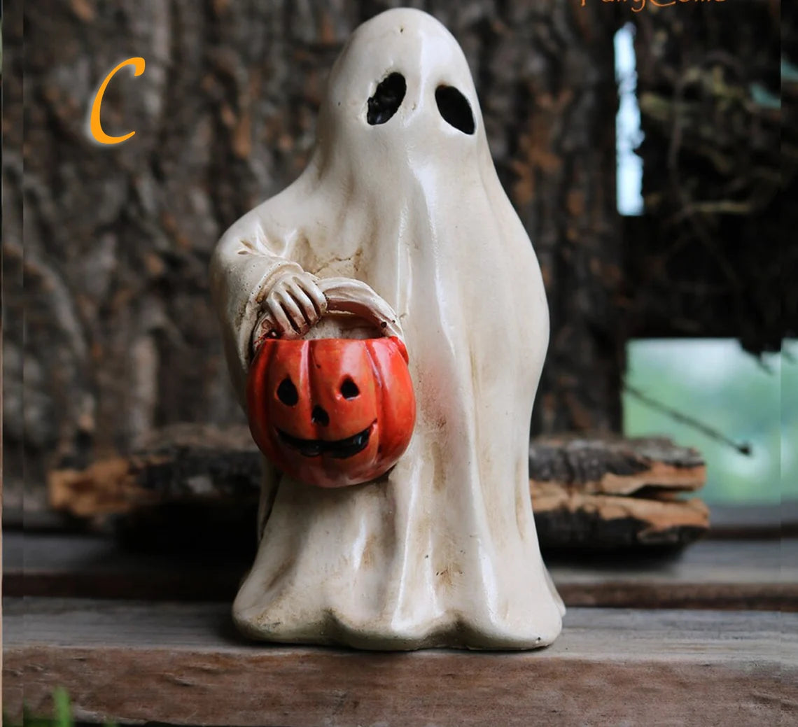 Mini Halloween Ghost Skeleton Pumpkin Miniature Gnome Figurines Resin Scary Statue Fairy Garden Decoration Ornaments Home Decor