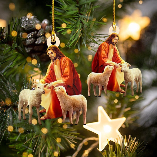 Flat 2D Jesus And Sheep Ornament, Christmas Flat Acrylic Ornament For Jesus Lover, Jesus Sitting On The Moon Hanging Ornament