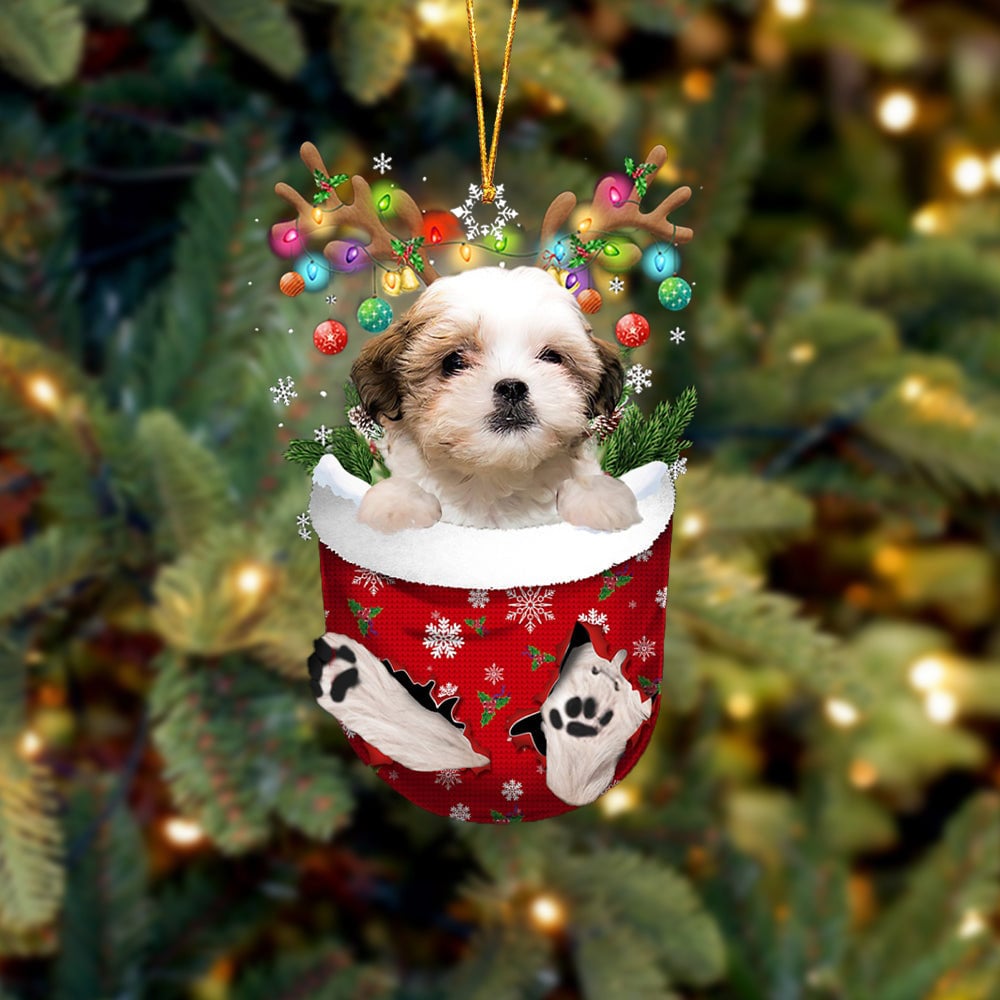 Personalized Dog Ornament, Teddy Bear Dog In Snow Pocket Christmas Ornament, Custom Dog Ornament, Dog Flat 2D Acrylic Ornament, Dog Lover.
