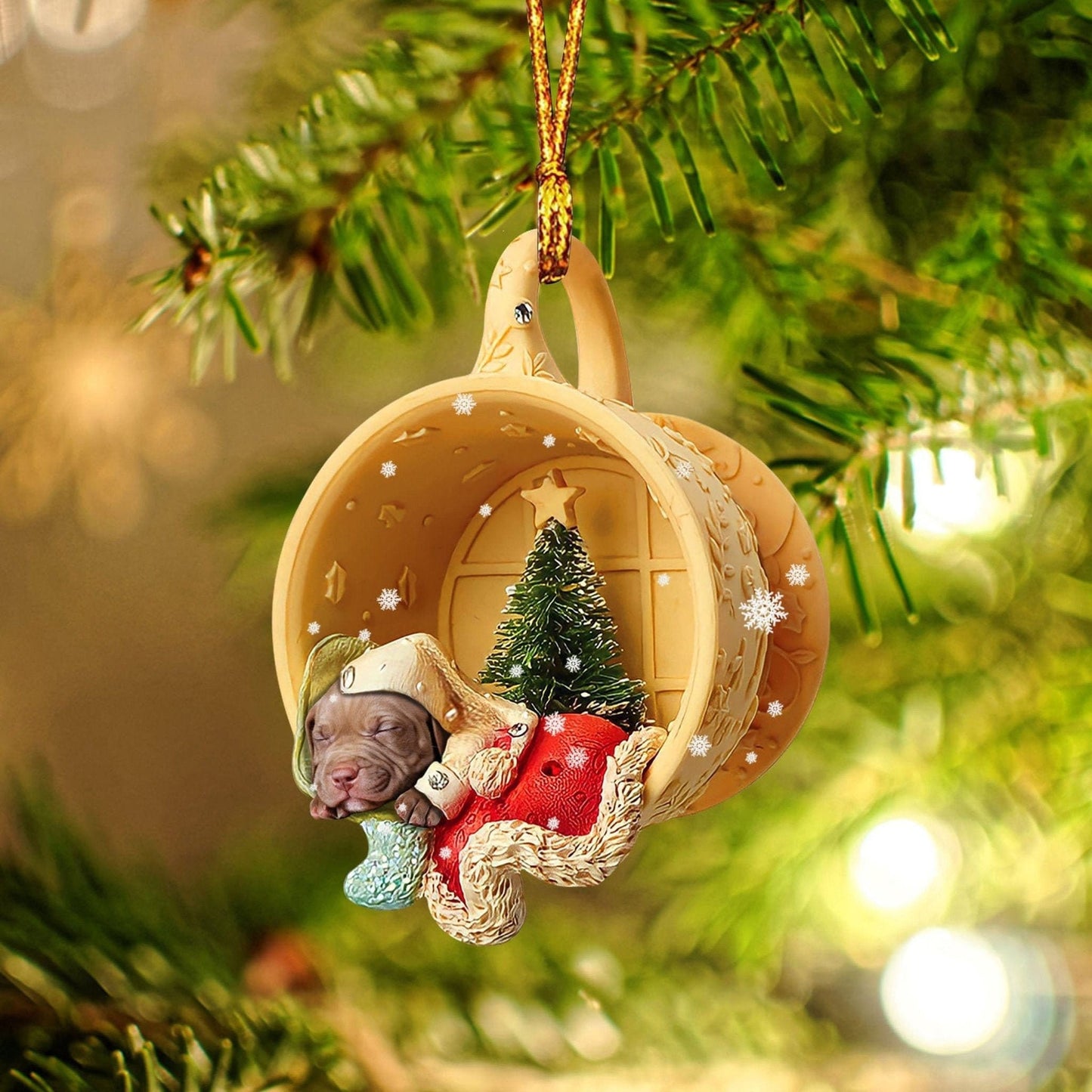 Flat 2D Pitbull Sleeping In A Tiny Cup Christmas Holiday-Two Sided Ornament, Personalized Holiday Gifts Pitbull Christmas Ornament