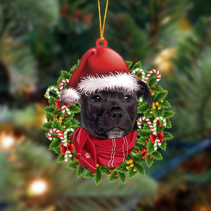 Black American Staffordshire Terrier - Xmas Bandana Hanging Ornament, American Staffordshire Ornaments For Christmas Tree, Dog Ornament