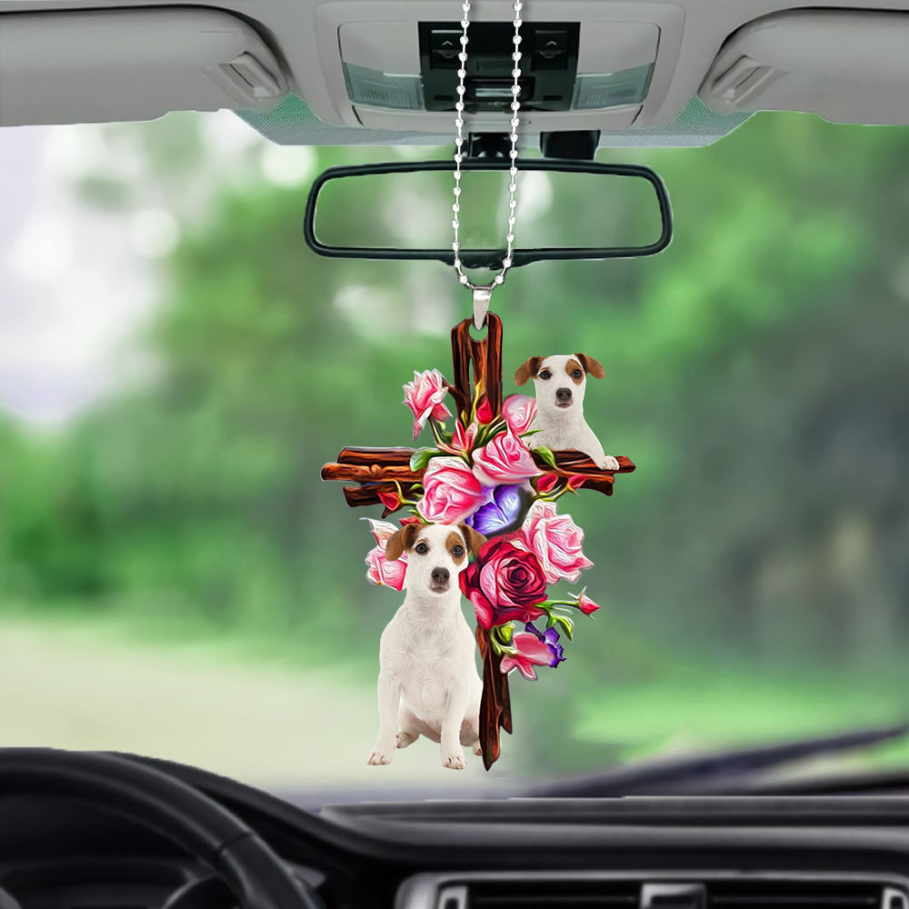 Jack Russell Terrier Roses And Jesus Car Hanging Ornament Dog Ornaments For Auto Car Godmerc - Best gifts your whole family
