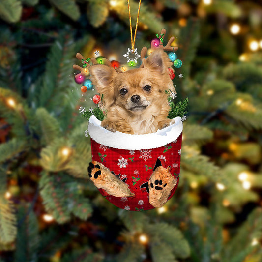 Long haired Tan Chihuahua In Snow Pocket Christmas Ornament Flat Acrylic Dog Ornament - Best gifts your whole family