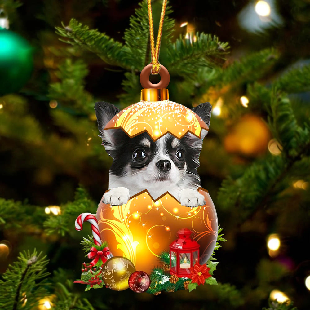 Long haired white Chihuahua In Golden Egg Christmas Ornament - Best gifts your whole family