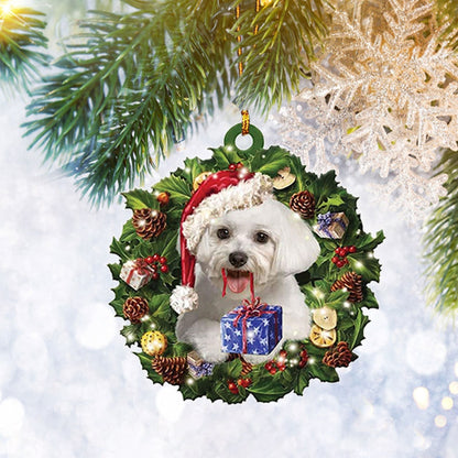 Maltese Christmas Wreath Flat 2D Ornament, Dog Pet Lover Gifts, Christmas Tree Ornament, Home Decor Plastic Ornament - Best gifts your whole family