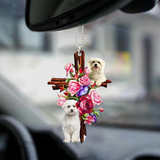 Maltese Roses And Jesus Car Hanging Ornament Dog Ornaments For Auto Car Godmerc - Best gifts your whole family