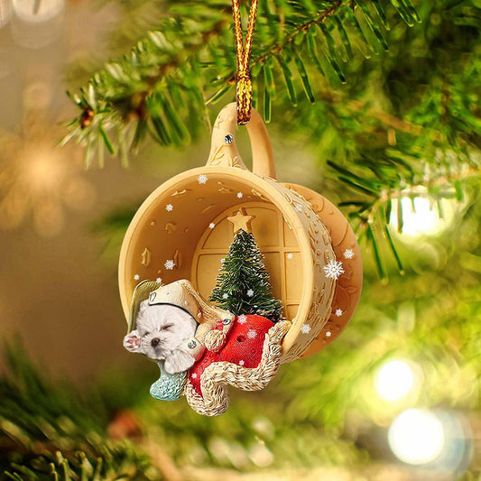 Maltese Sleeping in a tiny cup Christmas Holiday-Two Sided Ornament, Christmas Ornament, Car Ornament - Best gifts your whole family