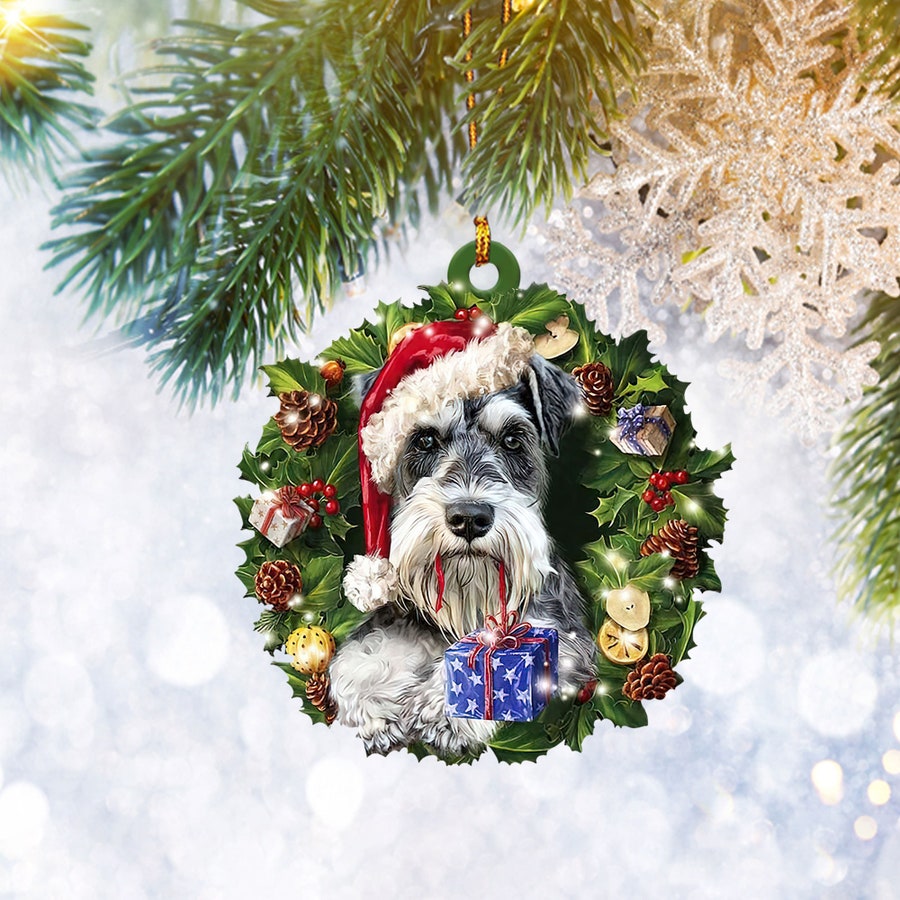 Miniature Schnauzer Christmas Wreath Ornament, Dog Pet Lover Gifts, Christmas Tree Ornament, Home Decor Plastic Ornament - Best gifts your whole family