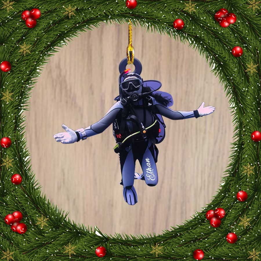 Ornament - Scuba Diving Ornament - Woman Scuba Diver Custom Name, Custom Shaped Flat Ornament Christmas, Christmas Deco - Best gifts your whole family