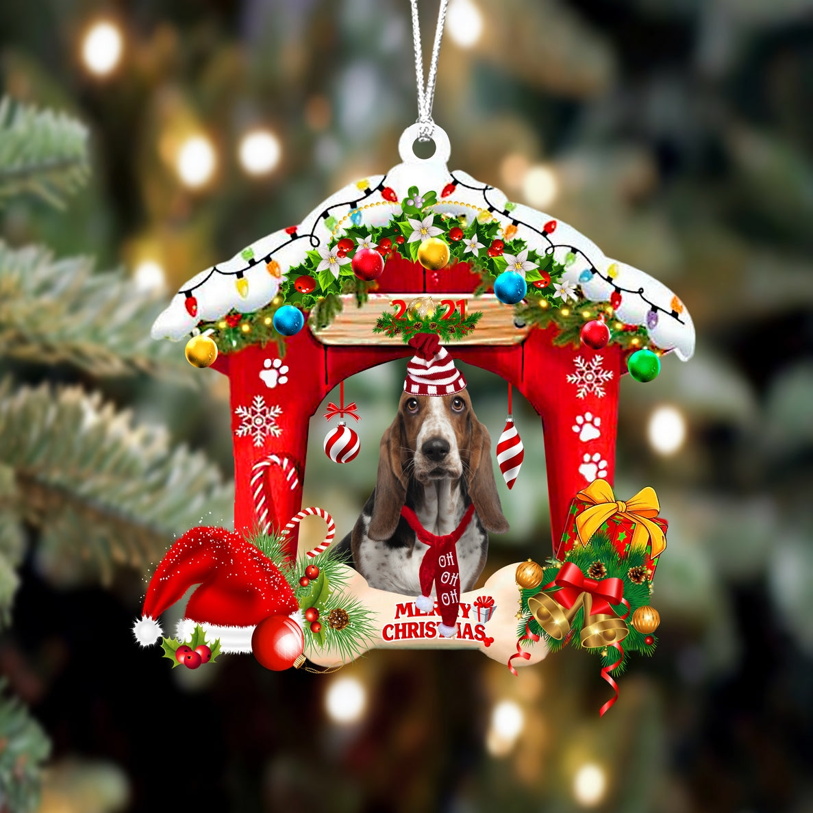 Ornament- Basset Hound-Christmas House Two Sided Ornament, Happy Christmas Ornament, Car Ornament - Best gifts your whole family