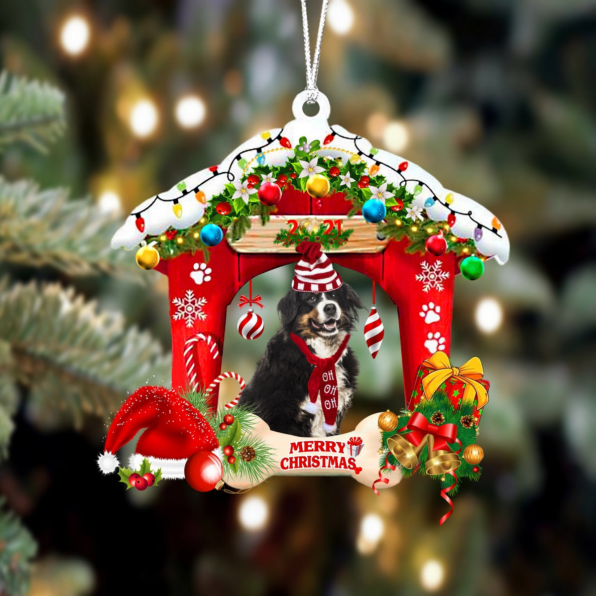 Ornament- Bernese Mountain Dog-Christmas House Two Sided Ornament, Happy Christmas Ornament, Car Ornament - Best gifts your whole family
