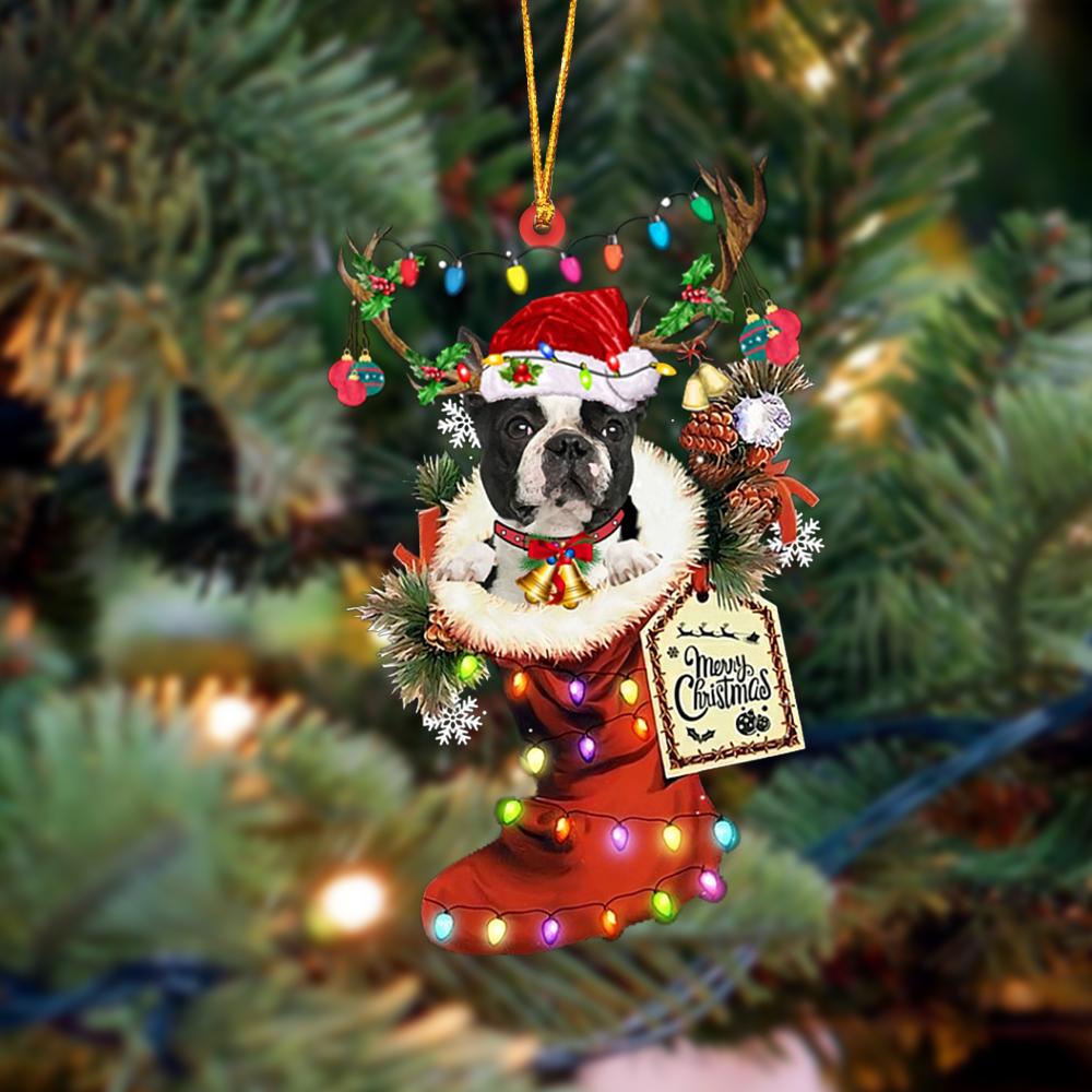 Ornament- BLACK Boston Terrier-Xmas Boot-Two Sided Ornament, Happy Christmas Ornament, Car Ornament - Best gifts your whole family