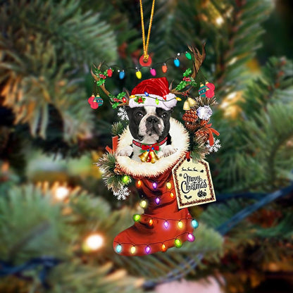 Ornament- BLACK Boston Terrier-Xmas Boot-Two Sided Ornament, Happy Christmas Ornament, Car Ornament - Best gifts your whole family