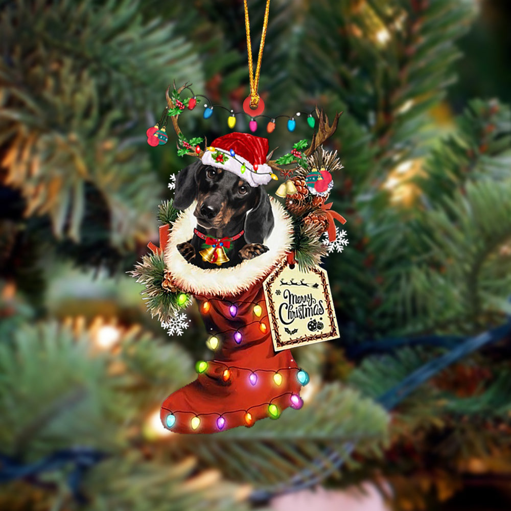 Ornament- BLACK Dachshund-Xmas Boot-Two Sided Ornament, Happy Christmas Ornament, Car Ornament - Best gifts your whole family