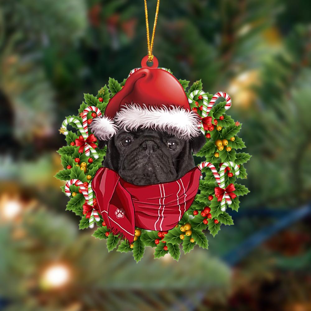 Ornament- BLACK Pug 2-Xmas Bandana Hanging Ornament, Happy Christmas Ornament, Car Ornament - Best gifts your whole family