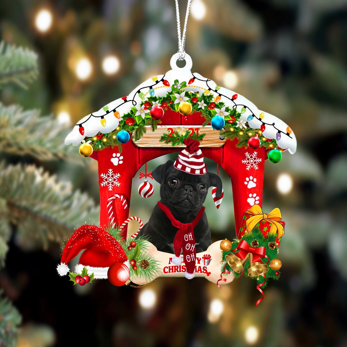 Ornament- Black Pug-Christmas House Two Sided Ornament, Happy Christmas Ornament, Car Ornament - Best gifts your whole family