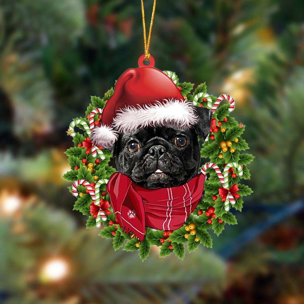 Ornament- BLACK Pug-Xmas Bandana Hanging Ornament, Happy Christmas Ornament, Car Ornament - Best gifts your whole family